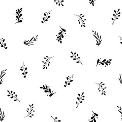 Hand drawn vector seamless pattern with floral elements. Vector pattern with leaves, twigs, branches, berries, grass. Black and white.