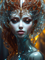 Futuristic portrait of a beautiful woman in an artful dress made of glass: A touch of gold