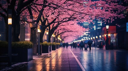 A bustling Tokyo street at night and cherry blossoms in full bloom along the avenue