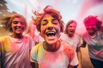 Shot of a group of teenagers having fun with colourful powder at summer camp - obrazy, fototapety, plakaty
