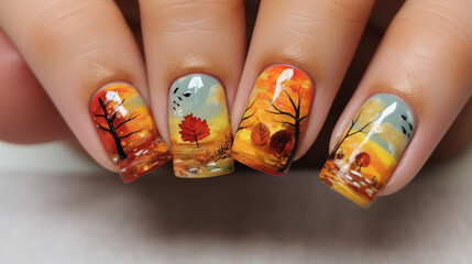 Autumn nail design. Modern beautiful manicure.