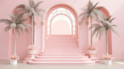 Pink arched doors and coconut tree decorations on the stairs - obrazy, fototapety, plakaty