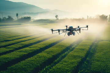 Drone flies over a green field and sprays crops. Modern technologies in agriculture.