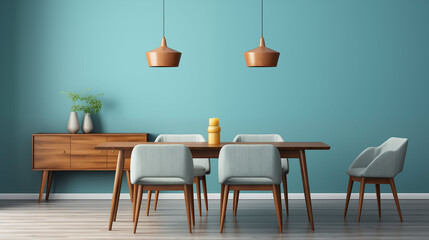 dining table against blue wall
