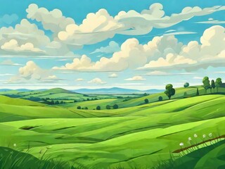 The landscape is vibrant green grass that stretches as far as the eye can see, creating a captivating and picturesque scene.