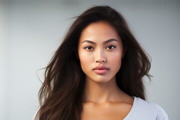 Picture of an elegant Asian woman displaying her pristine skin on a clean white backdrop. Generative AI