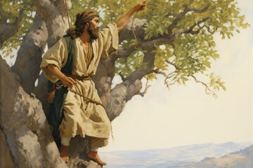 Zacchaeus climbing a tree to see Jesus biblical story - obrazy, fototapety, plakaty
