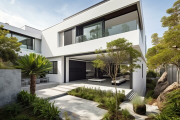 Contemporary residence showcasing a garden, luxurious exterior, and stylish wallpaper. Generative AI
