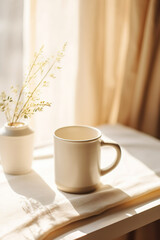 Cozy bedroom scene with a coffee cup, tablecloth, and curtains, offering comfort and relaxation.