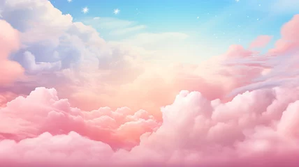 Poster Colorful watercolor background of abstract sunset sky with puffy clouds in bright rainbow colors. © sema_srinouljan