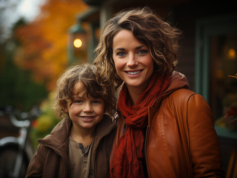 Una mujer y su hijo en el umbral de la puerta de su casa en otoño - a woman and her child at the door house in autumn  
