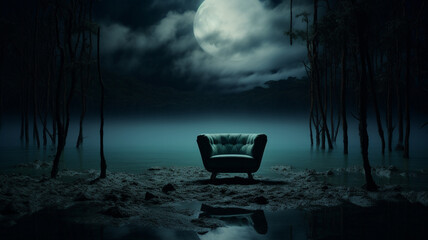 Modern chair in quiet nature at night - obrazy, fototapety, plakaty
