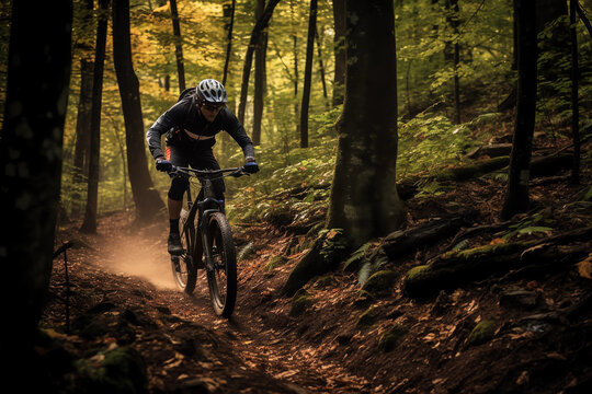 mountain biker navigating a winding forest trail with precision