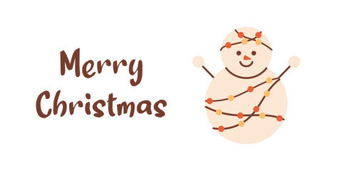 Obraz premium Vector Merry Christmas banner with cute smiling snowman. Christmas funny snowman character with garland on white background. Illustration for Christmas and New Year design.