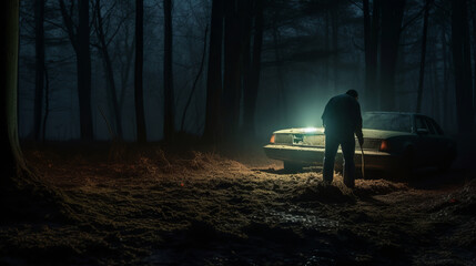 Man digging a grave with pickaxe, car with headlight on, at night in the forest - Powered by Adobe