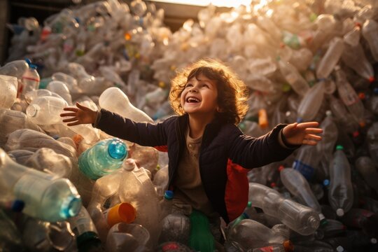 Image of a child excitedly taking recyclable plastic bottles to a recycling center. Generative AI