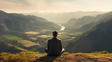 Fototapeta na wymiar Man sitting on a hill looking at view of the majestic landscape at daytime, amazing sunlight