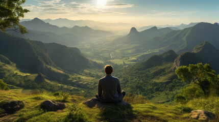 Man sitting on a hill looking at view of the majestic landscape at daytime, amazing sunlight - obrazy, fototapety, plakaty