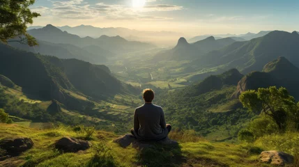 Deurstickers Man sitting on a hill looking at view of the majestic landscape at daytime, amazing sunlight © standret