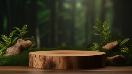 product presentation wooden podium in tropical forest
