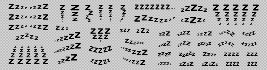 Large set of doodle lettering zzz's. Illustration of sniffing, sleeping, snoring. Vector illustration drawn by hand. Black letters on grey background