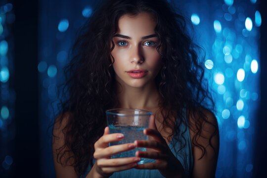 Image of a contented young woman holding a glass of water, emphasizing the importance of staying hydrated. Generative AI
