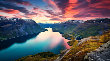 Fototapeta na wymiar Nordic fjord at sunrise. Calm waters with reflection