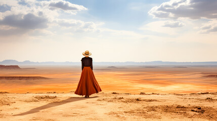 Porträt einer Frau in der Wüste. Allein in der Wüste. Selbsterkenntnis . Generiert mit KI - obrazy, fototapety, plakaty
