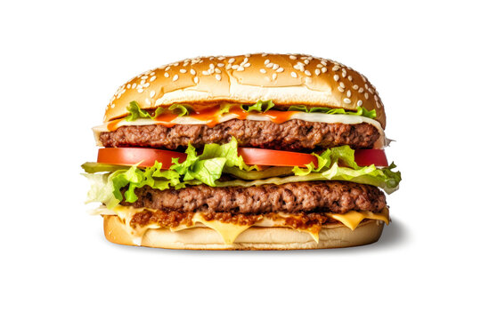 Hamburger or cheeseburger isolated on white background. Fast food. Fast food concept. Close-up. Advertising.