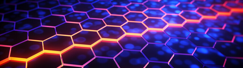 Obraz na płótnie Canvas Minimal dark business banner with neon blue and pink hexagon pattern. Generative AI