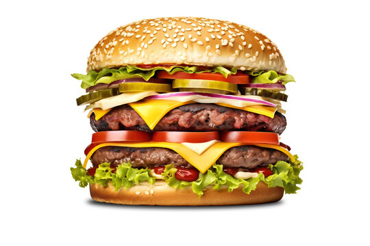 Huge hamburger or cheeseburger isolated on white background. Fast food. Fast food concept. Close-up. Restaurant advertising.