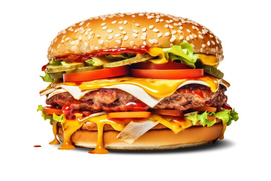 Huge hamburger or cheeseburger isolated on white background. Fast food. Fast food concept. Close-up. Restaurant advertising.