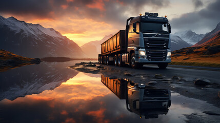 Photo pf a truck driving on a wet road - Powered by Adobe