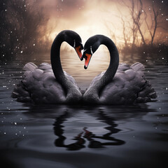 美しい湖に浮かぶハートマークを形作る2羽の黒鳥