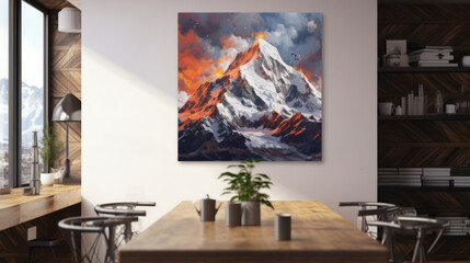 Painting on a mountain top shown on a wall of modern interior room
