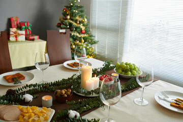 Christmas dinner table with various appetizers prepared for family celebration