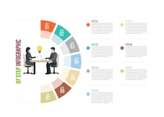 half circle Pie charts for infographics. Elements with 4, 5, 6, 7, 8, 9, 10 steps, options with meeting illustration,