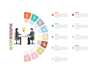 half circle Pie charts for infographics. Elements with 4, 5, 6, 7, 8, 9, 10 steps, options with meeting illustration,