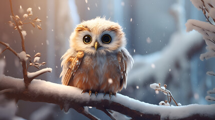 Cute owl sits on a branch against the backdrop of a fabulous winter, snowy forest, bokeh and copy space. Cartoon illustration. Christmas card with copy space. - obrazy, fototapety, plakaty