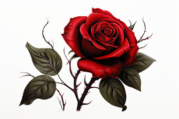 Red rose with black leaves on white background