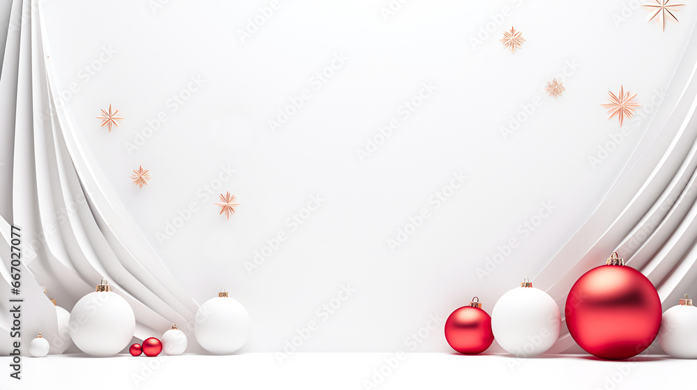 Wall mural Christmas creative white background with copy space and white plaster Christmas trees with festive red balls and space for text. 3D rendering advertising Christmas background