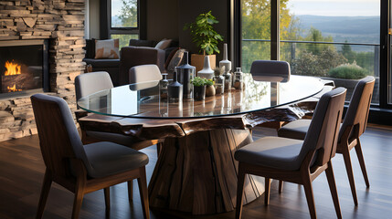 Round live edge dining table. Interior design of modern minimalist dining room