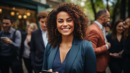 Portrait of smiling african american businesswoman with mobile phone and colleagues in background. Generative Ai. 