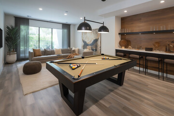 Entertainment room with pool table with balls generative ai