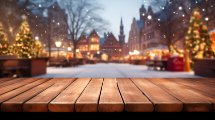 A wooden table left empty, against the backdrop of a Christmas market with bokeh lighting and...