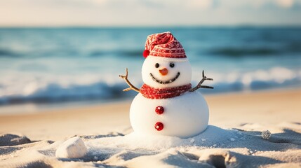 joyful sandy snowman in red santa gat enjoying the seaside