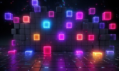 abstract background with glowing cubes, neon lights.