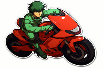 Sticker of an anime character riding a red bike