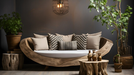 Round rustic loveseat sofa and stump side table near wall with beautiful and unique wooden cut decor. Interior design of modern scandinavian living room