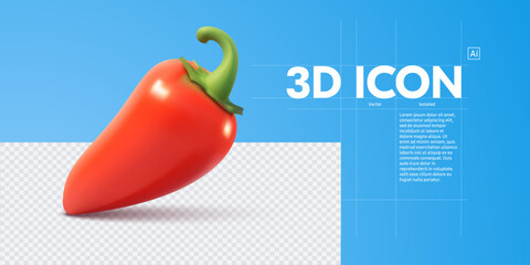 3D Chili Pepper Icon: Glossy, Vibrant Red Pepper Illustration with Realistic Details on a Modern Blue Background. 3D vector illustration cartoon icon